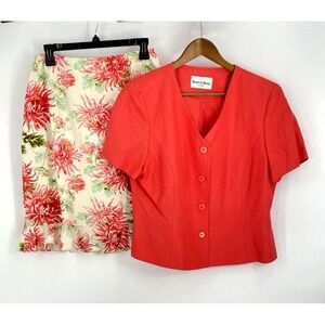 Vtg DANNY &‎ NICOLE 2 Piece Women's Coral Jacket(14) & Floral Chiffon Skirt(12)
